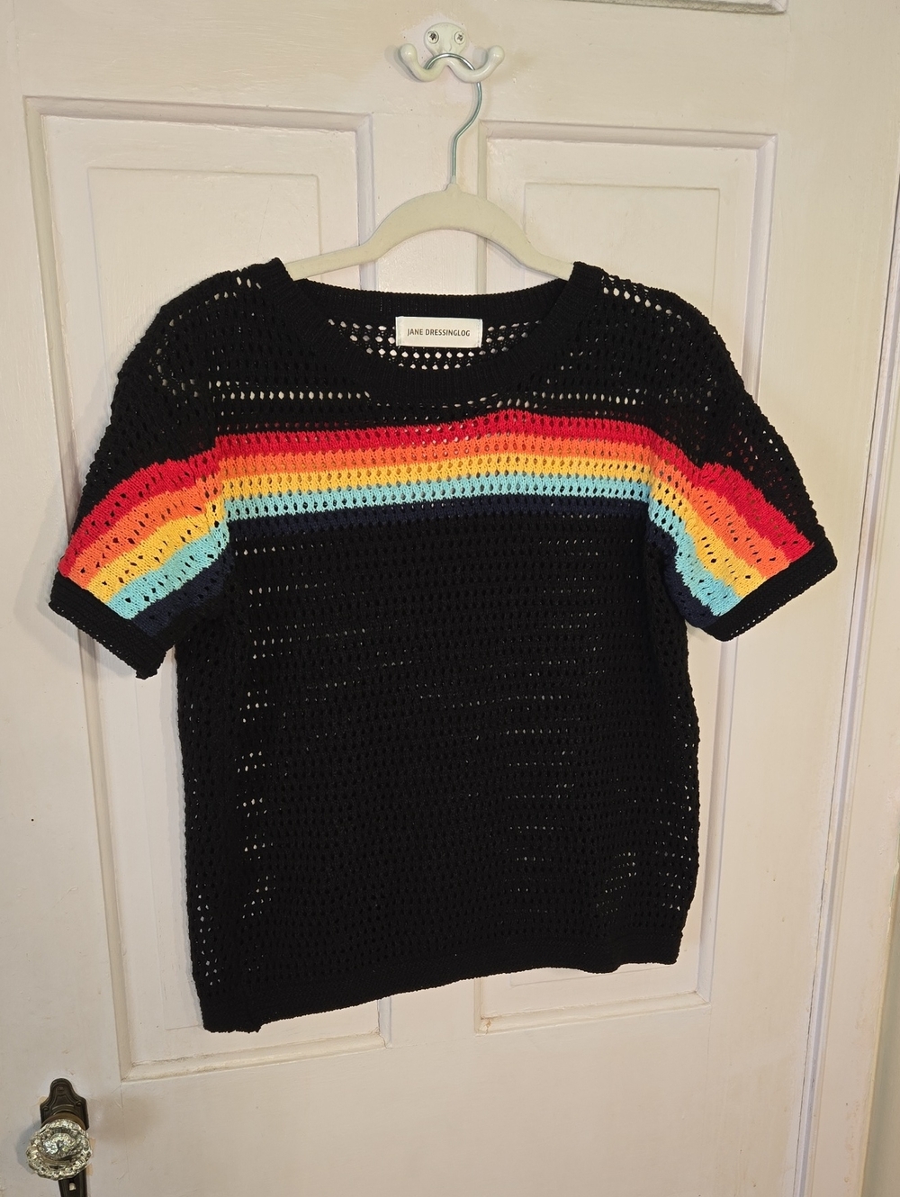 Jane Dressinglog Black Crochet Short-Sleeve Top with Rainbow Stripes Size XL